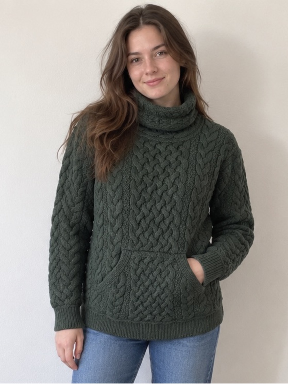 Aran Sweater Market Super Soft Drawstring Merino Wool Sweater Green Medium
